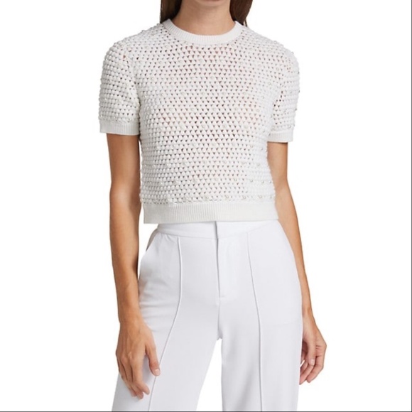 Alice + Olivia Tops - ALICE + OLIVIA | White Pearl Short Sleeve Knit Sweater Crochet Top Wool Ciara